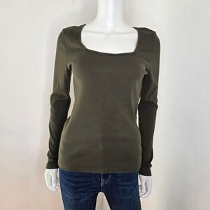 American Giant Ribbed Square Neck Top Olive Green Long Sleeve Stretch Size M